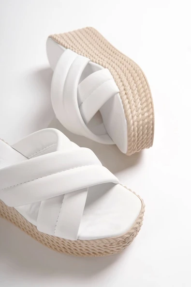 Joymıx Dolgu Topuklu Ortopedik Taban Hasır Görünümlü Kadın Terlik Kt - Beyaz - 5