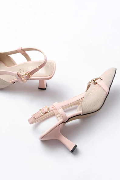 K-250 Pudra Keten Günlük Arkası Açık Tokalı Topuklu Kadın Ayakkabı - 4