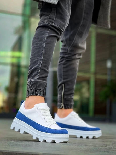 Tb-056 Terzi Bey Beyaz Mavi Detaylı Beyaz Yüksek Taban Günlük Spor Ayakkabı - 3