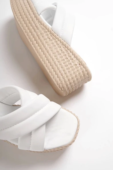 Joymıx Dolgu Topuklu Ortopedik Taban Hasır Görünümlü Kadın Terlik Kt - Beyaz - 6