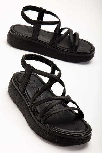 24413-841 Siyah Dolgu Topuk Kadın Sandalet - Resim 4