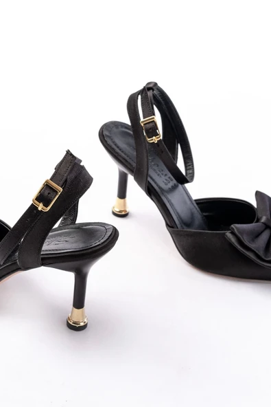 İNF-4505 Siyah Saten Günlük Arkası Açık Kurdele detaylı Topuklu Bayan Ayakkabı - Resim 5