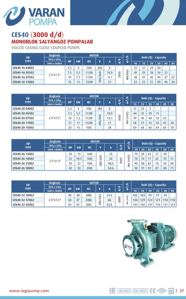 Varan CES 40-16-05502 Monoblok EN 733 Santrifüj Pompa 7.5 HP / 5.5 kW, Trifaze 380 V, 40 Mss, 40 m3/h - 3