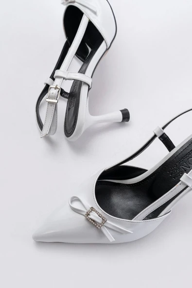 Beyaz Rugan Günlük Arkası Açık Fiyonklu Topuklu Bayan Ayakkabı - Resim 4