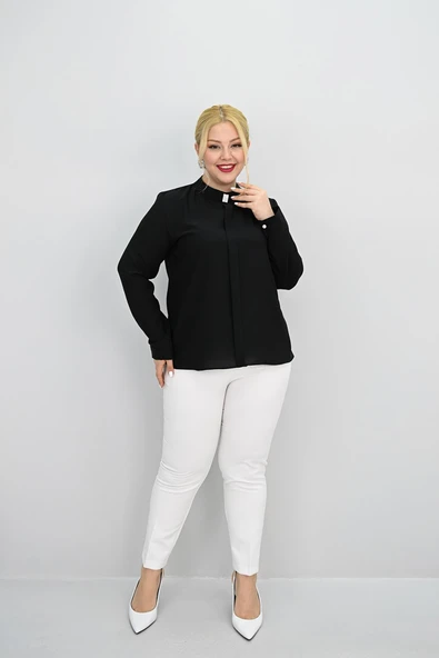 Kadın Büyük Beden Hakim Yaka Taş Broş Detaylı Bluz 0034-25 - 2