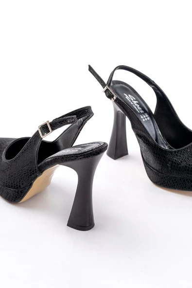 B-2101 Siyah Günlük Arkası Açık Yılan Desenli Topuklu Bayan Ayakkabı - 5