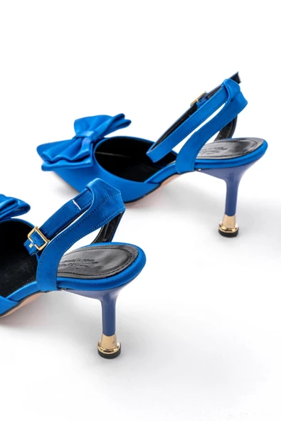 İNF-4505 Mavi Saten Günlük Arkası Açık Kurdele detaylı Topuklu Bayan Ayakkabı - 5