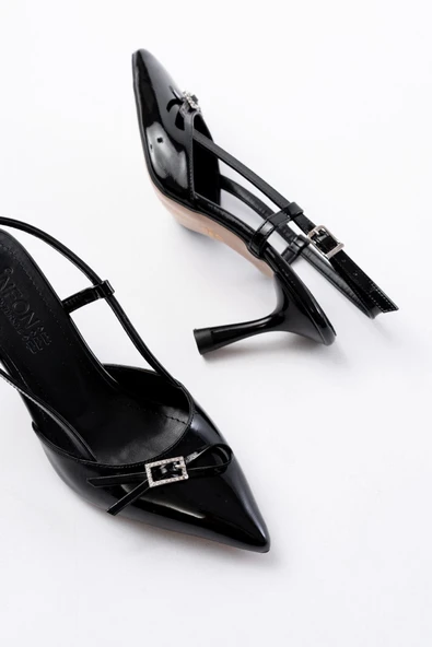 Siyah Rugan Günlük Arkası Açık Fiyonklu Topuklu Bayan Ayakkabı - 4