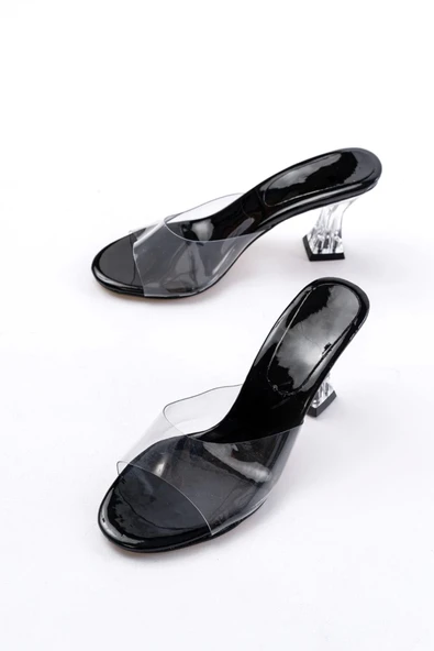 Siyah Rugan Şeffaf Bantlı Şeffaf Topuklu Yuvarlak Burunlu Kadın Terlik - 3