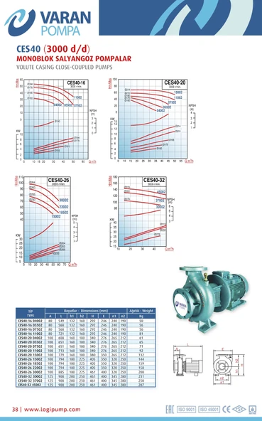 Varan CES 40-16-11002 Monoblok EN 733 Santrifüj Pompa 15 HP / 11.2 kW, Trifaze 380 V, 53 Mss, 50 m3/h - Resim 4