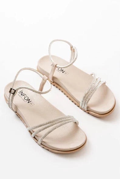 Bej Gümüş Taşlı Günlük Kadın Sandalet - 3