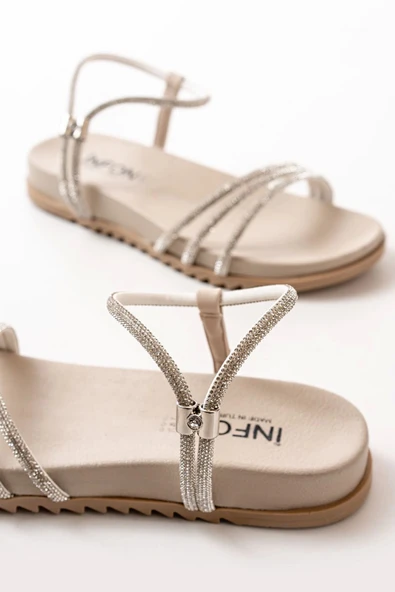 Bej Gümüş Taşlı Günlük Kadın Sandalet - 4