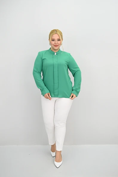 Kadın Büyük Beden Hakim Yaka Taş Broş Detaylı Bluz 0034-25 - 9