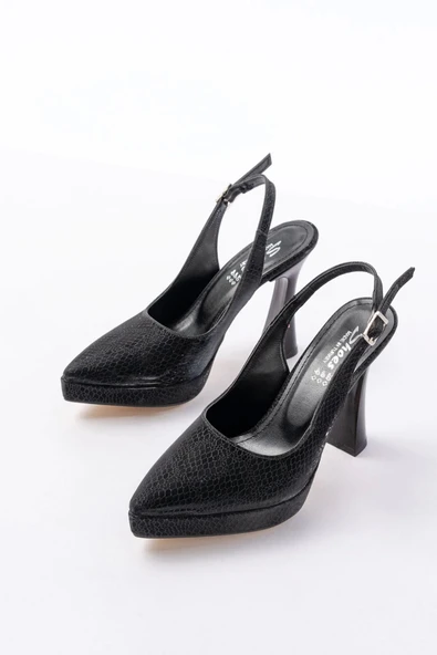 B-2101 Siyah Günlük Arkası Açık Yılan Desenli Topuklu Bayan Ayakkabı - 3