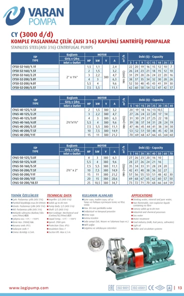 Varan CY 50-32-200/4.0T Paslanmaz Santrifüj Pompa 5.5 HP / 4 kW, Trifaze 380 V, 52 Mss (AISI 316) - Resim 3
