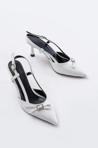 Beyaz Rugan Günlük Arkası Açık Fiyonklu Topuklu Bayan Ayakkabı - Resim 3
