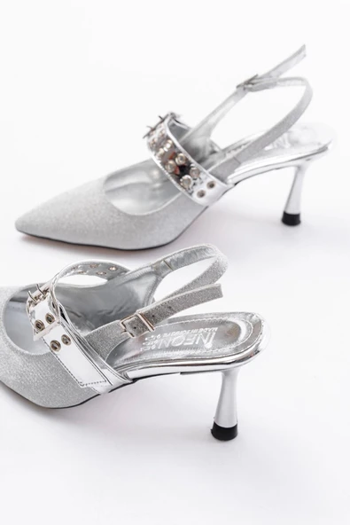 Gümüş Simli Günlük Arkası Açık Baret Tokalı Topuklu Bayan Ayakkabı - 5