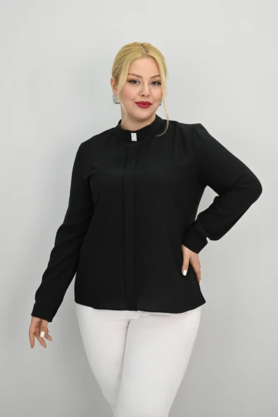 Kadın Büyük Beden Hakim Yaka Taş Broş Detaylı Bluz 0034-25 - 4