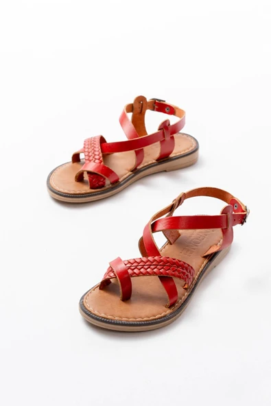 205-09 Kırmızı Ortopedik Hakiki Deri Kadın Sandalet - 4