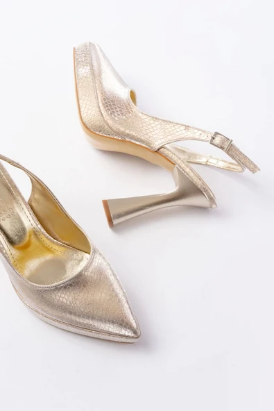 B-2101 Gold Günlük Arkası Açık Yılan Desenli Topuklu Bayan Ayakkabı - 4