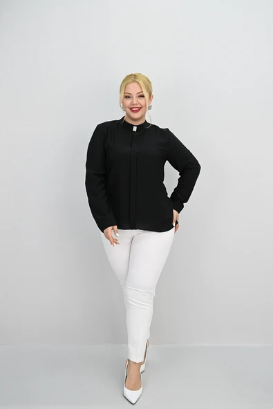 Kadın Büyük Beden Hakim Yaka Taş Broş Detaylı Bluz 0034-25 - 3