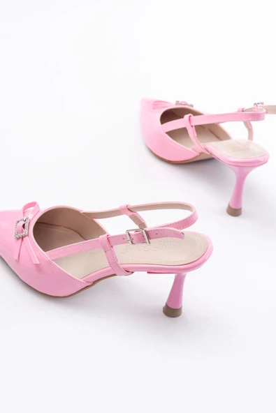 Pembe Rugan Günlük Arkası Açık Fiyonklu Topuklu Bayan Ayakkabı - 5