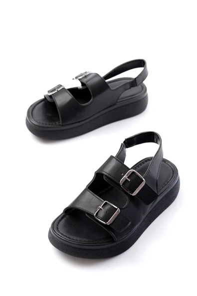 Siyah Günlük Dolgu Topuk Toka Aksesuarlı Kadın Sandalet - 3