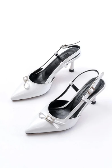Beyaz Rugan Günlük Arkası Açık Fiyonklu Topuklu Bayan Ayakkabı - Resim 5