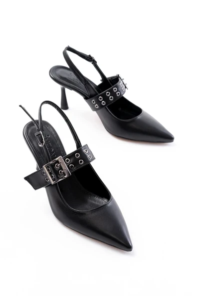 Siyah Günlük Arkası Açık Baret Tokalı Topuklu Bayan Ayakkabı - Resim 3