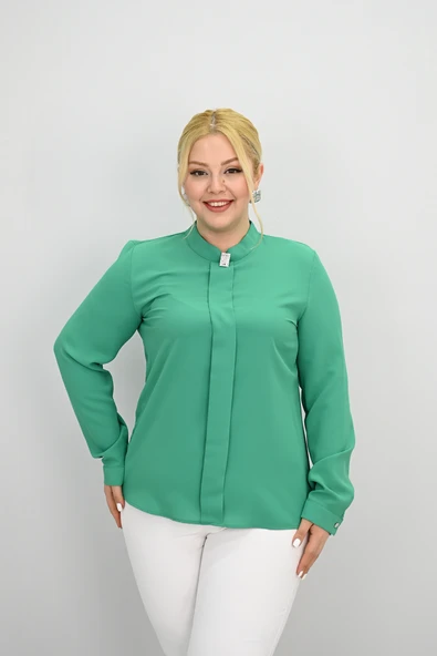 Kadın Büyük Beden Hakim Yaka Taş Broş Detaylı Bluz 0034-25 - 11