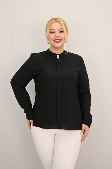 Kadın Büyük Beden Hakim Yaka Taş Broş Detaylı Bluz 0034-25 - 5