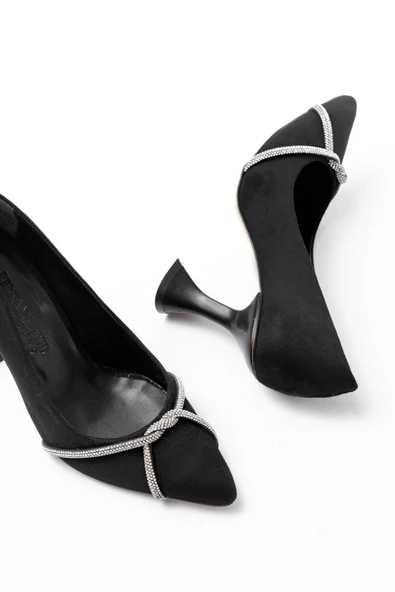 Siyah Süet Günlük Sarmal Taşlı Topuklu Kadın Ayakkabı - 4