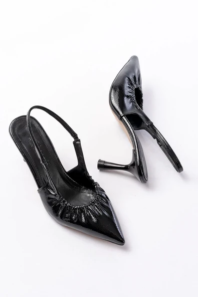 İNF-40451 Siyah Kırışık Rugan Günlük Arkası Açık Topuklu Bayan Ayakkabı - Resim 4