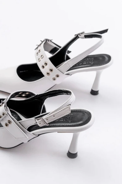 Beyaz Günlük Arkası Açık Baret Tokalı Topuklu Bayan Ayakkabı - 6