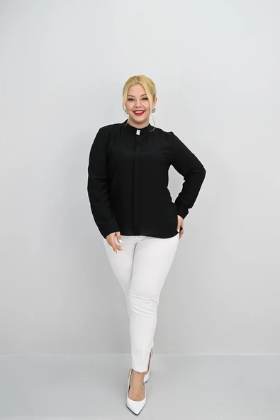 Kadın Büyük Beden Hakim Yaka Taş Broş Detaylı Bluz 0034-25 - 3