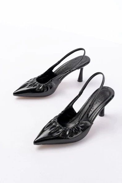 İNF-40451 Siyah Kırışık Rugan Günlük Arkası Açık Topuklu Bayan Ayakkabı - Resim 3