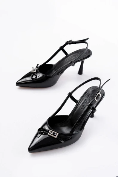 Siyah Rugan Günlük Arkası Açık Fiyonklu Topuklu Bayan Ayakkabı - 3