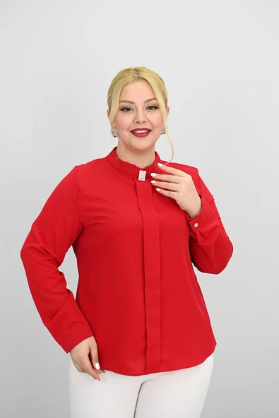 Kadın Büyük Beden Hakim Yaka Taş Broş Detaylı Bluz 0034-25