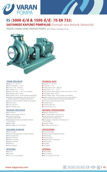 Varan ES 40-20-07502 Uçtan Emişli EN 733 Santrifüj Pompa 10 HP / 7.5 kW, Trifaze 380 V, 45 Mss, 40 m3/h - 5
