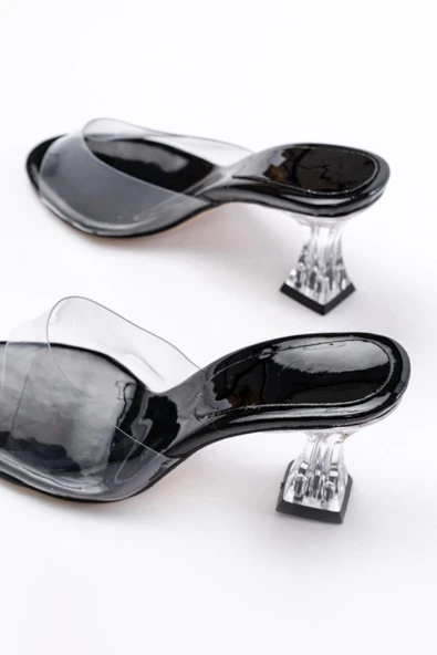 Siyah Rugan Şeffaf Bantlı Şeffaf Topuklu Yuvarlak Burunlu Kadın Terlik - 5