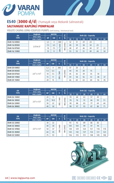 Varan ES 40-20-11002 Uçtan Emişli EN 733 Santrifüj Pompa 15 HP / 11.2 kW, Trifaze 380 V, 59 Mss, 50 m3/h - 3
