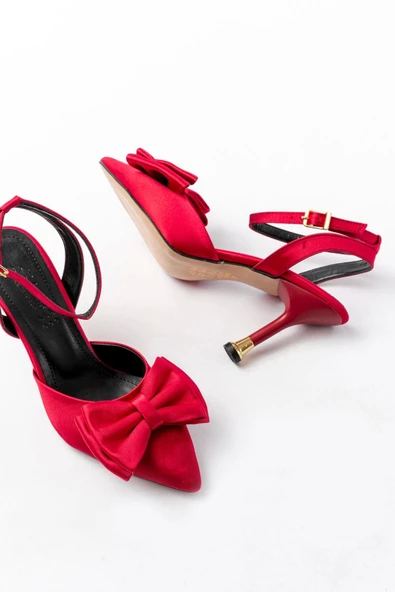 İNF-4505 Bordo Saten Günlük Arkası Açık Kurdele detaylı Topuklu Bayan Ayakkabı - Resim 5