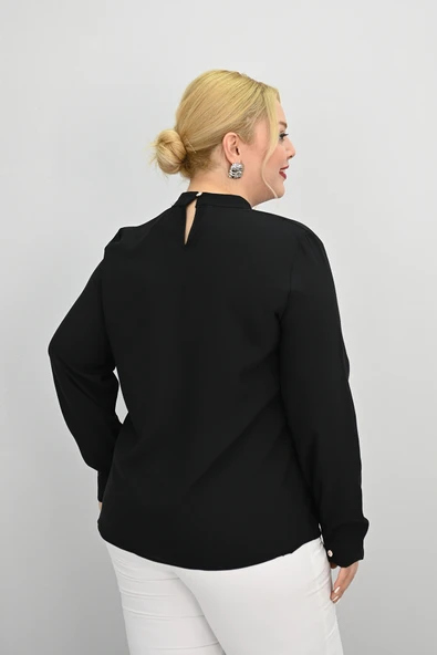 Kadın Büyük Beden Hakim Yaka Taş Broş Detaylı Bluz 0034-25 - 7
