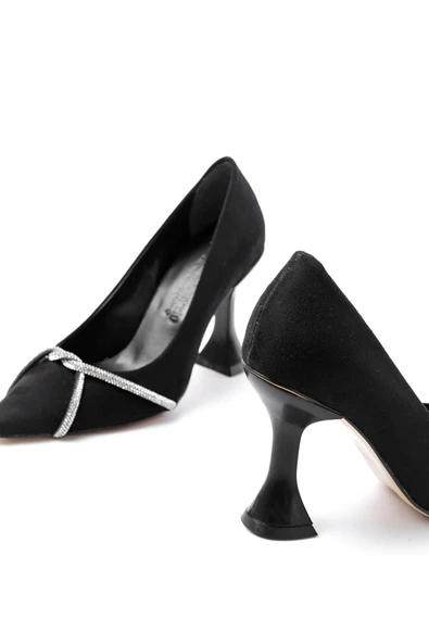 Siyah Süet Günlük Sarmal Taşlı Topuklu Kadın Ayakkabı - 5