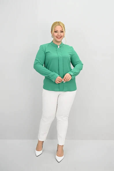 Kadın Büyük Beden Hakim Yaka Taş Broş Detaylı Bluz 0034-25 - 10