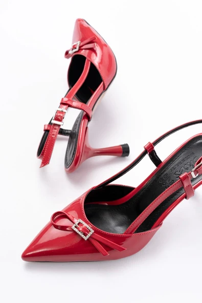 Kırmızı Rugan Günlük Arkası Açık Fiyonklu Topuklu Bayan Ayakkabı - 5