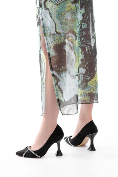 Siyah Süet Günlük Sarmal Taşlı Topuklu Kadın Ayakkabı - 2