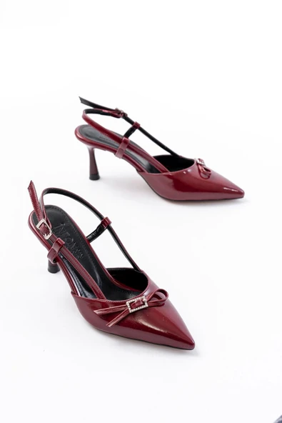 Bordo Rugan Günlük Arkası Açık Fiyonklu Topuklu Bayan Ayakkabı - 3
