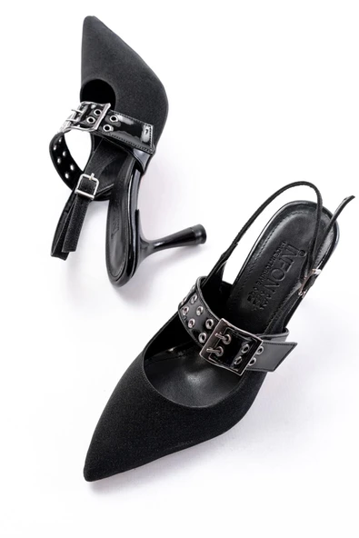 Siyah Simli Günlük Arkası Açık Baret Tokalı Topuklu Bayan Ayakkabı - 3