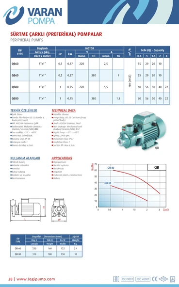 Varan QB 80T Sürtme Fanlı / Preferikal Su Pompası 1 HP/ 0.75 kW - Trifaze 380 V | 60 Mss, 3 m3/h - 3